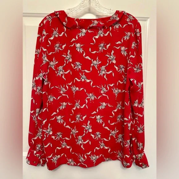 Liz Claiborne Red Floral Ruffle Blouse Long Sleeve Work Top Size M - Picture 7 of 9
